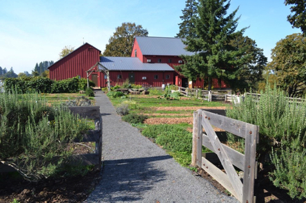Compacted gravel trail from the visitor center through the Manson Farmstead farm to the barn